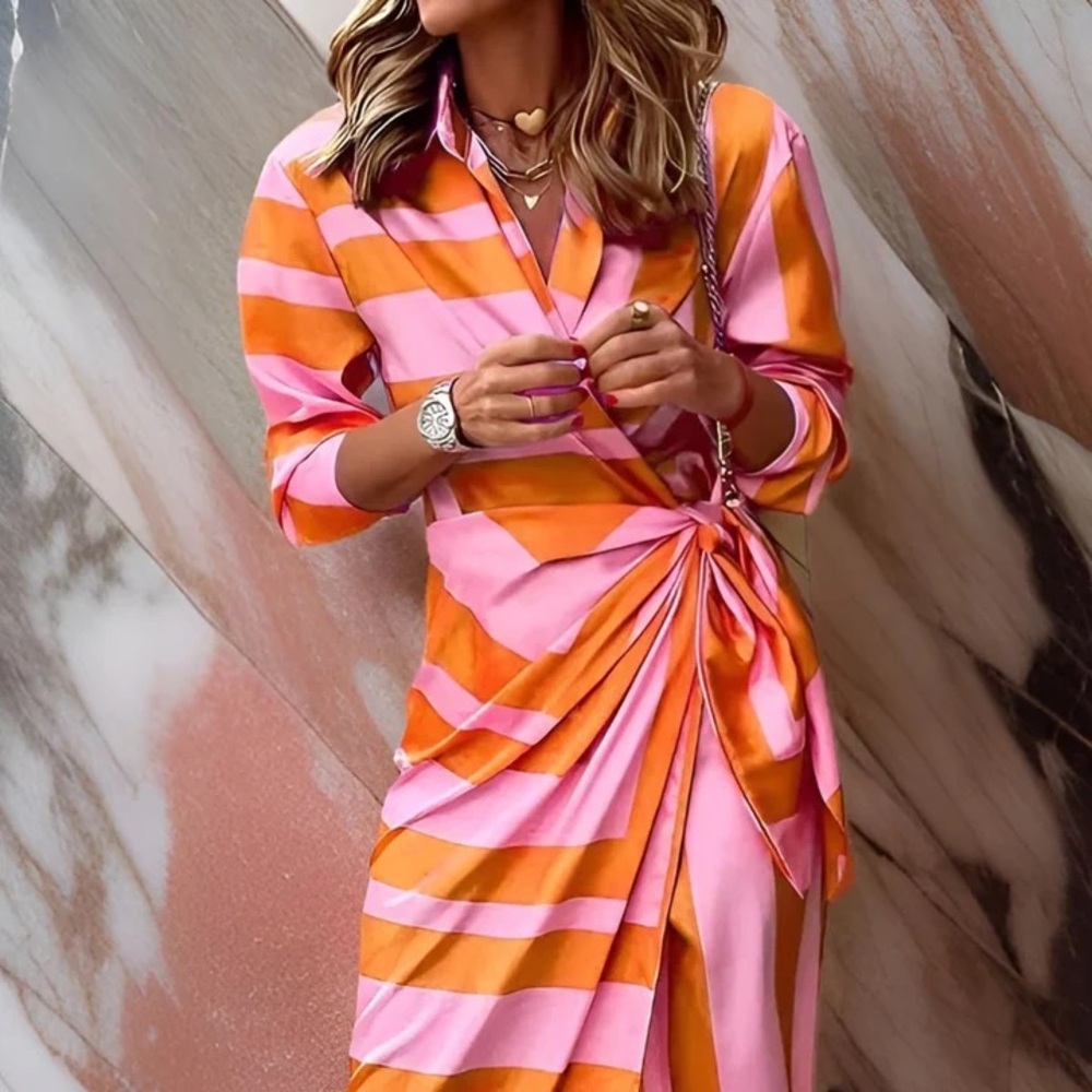 Geometric Pink and Orange Wrap Dress